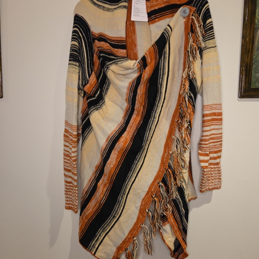 NWT Exlura Hippie Medium Cardigan Sweater Poncho Orange White Black Stripes Boho